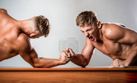 Photo for Men measuring forces, arms. Hand wrestling, compete. Hands or arms of man. Arm wrestling. Two men arm wrestling. Rivalry, closeup of male arm wrestling. Two hands. - Royalty Free Image