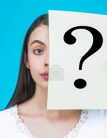 Girl question, anonymous, incognita. Girl holding paper question mark. Anonymous, woman question, incognita. Anonymous woman Female incognita
