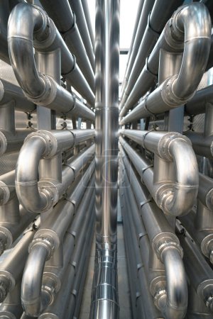Foto de Close up shot of many alloy inox pipes in a factory. - Imagen libre de derechos
