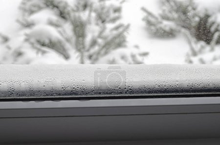 Téléchargez les photos : Gouttes de condensation sur le verre d'une fenêtre métal-plastique. Effet de serre. Écologie - en image libre de droit