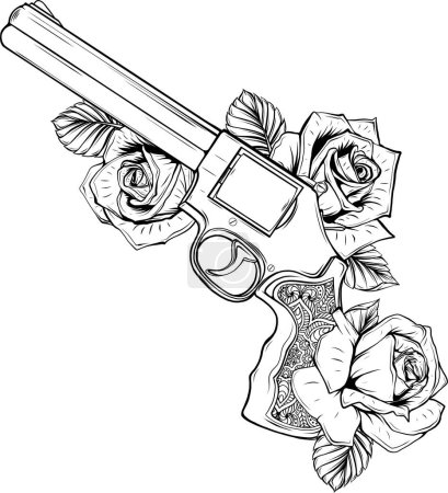 Revolver with rose isolated on white in monochrome style. colourful illustration.