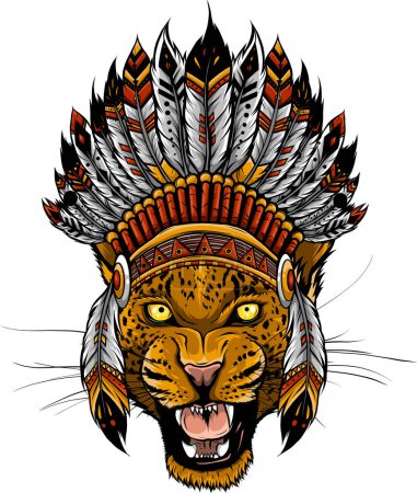 Illustration for Cheetah in the Indian roach. Indian feather headdress of eagle. Hand draw vector illustration - Royalty Free Image