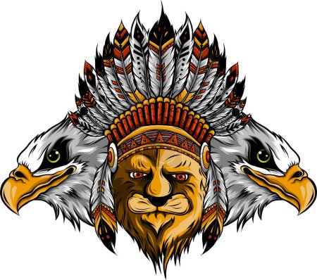 Illustration for Vector Lion in the colored Indian roach. Indian feather headdress of eagle - Royalty Free Image