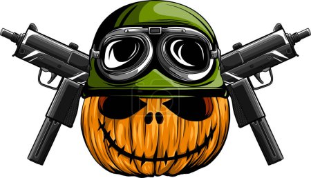 Ilustración de Calabaza de halloween tallada con casco militar vector - Imagen libre de derechos