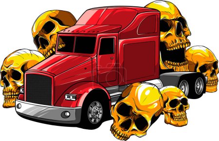 Téléchargez les illustrations : Camion américain avec crânes autour de l'illustration vectorielle onh fond blanc. - en licence libre de droit