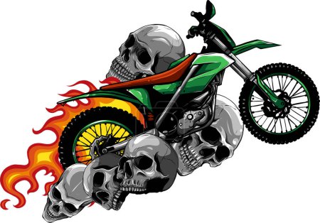 Illustration for Skulls around motocross motorcycle with flames vector - Royalty Free Image