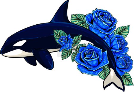 Illustration for Vector illustration of Killer whale with flower on white background. - Royalty Free Image