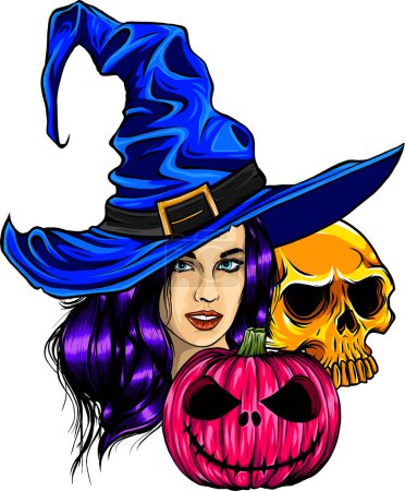Illustration for Illustration of skull witch with pumpkin on white background - Royalty Free Image