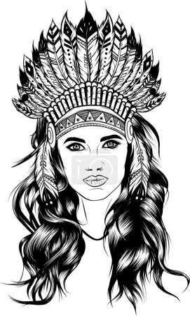 Illustration for Native american indian chief woman wearing traditional feathered headdress black and white vector portrait - Royalty Free Image