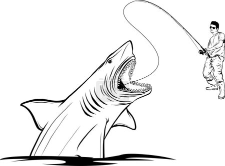 Téléchargez les illustrations : Étiquette de pêche avec un requin et un pêcheur dans un bateau.. - en licence libre de droit