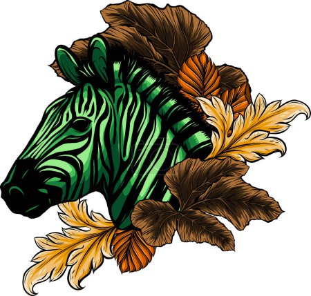 Téléchargez les illustrations : Illustration de la tête de zèbre avec des feuilles - en licence libre de droit