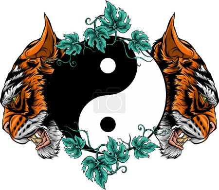 Téléchargez les illustrations : Illustration de deux têtes de tigre avec symbole yin yang - en licence libre de droit