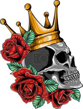 ilustración de cráneos corona y rosas rojas