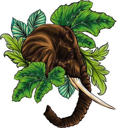 Téléchargez les illustrations : Illustration de la tête d'éléphant d'Afrique avec des feuilles - en licence libre de droit