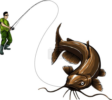 Téléchargez les illustrations : Illustration d'un pêcheur attrapant un poisson-chat - en licence libre de droit
