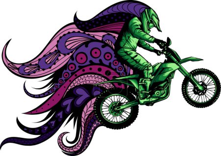 Téléchargez les illustrations : Illustration de motocross et cavalier avec des ornements de mandala - en licence libre de droit