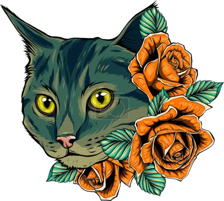 Téléchargez les illustrations : Illustration de tête de chat avec des roses - en licence libre de droit