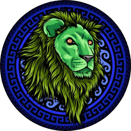 Téléchargez les illustrations : Illustration de Tête de lion avec ornements circulaires - en licence libre de droit