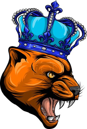Téléchargez les illustrations : Portrait d'un Puma en colère et souriant, chat sauvage avec une couronne d'or sur la tête - en licence libre de droit