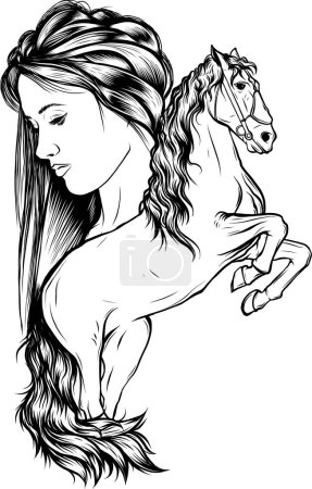 Téléchargez les illustrations : Belle femme avec les cheveux longs et sauvage mustang tête de cheval - fille et esprit animal noir et blanc portrait vectoriel contour - en licence libre de droit