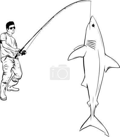 Téléchargez les illustrations : Étiquette de pêche avec un requin et un pêcheur - en licence libre de droit