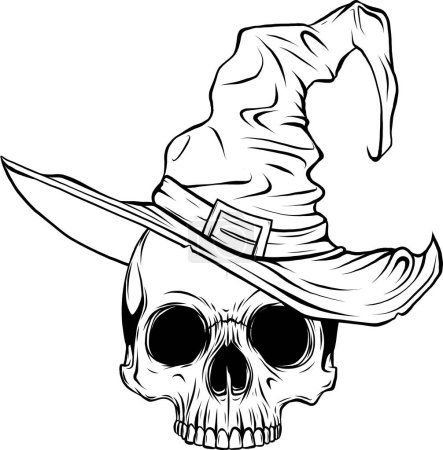 Illustration for Spooky skull in witch hat vector illustration isolated on white. Mystical Halloween print for postcard or tee shirt design. - Royalty Free Image