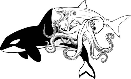 Téléchargez les illustrations : Illustration de la collection monochrome d'animaux de mer - en licence libre de droit