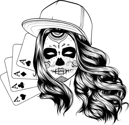 Ilustración de Tarjetas de poker con cráneo de maquillaje de chica, ilustración vectorial - Imagen libre de derechos