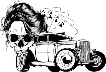 Illustration for Vector illustration of a skull with hot rod and cards - Royalty Free Image