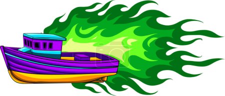 Téléchargez les illustrations : Côté bateau de pêche commerciale avec flammes - en licence libre de droit
