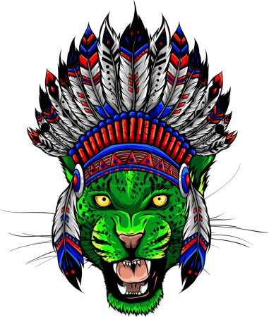 Illustration for Cheetah in the Indian roach. Indian feather headdress of eagle. Hand draw vector illustration - Royalty Free Image