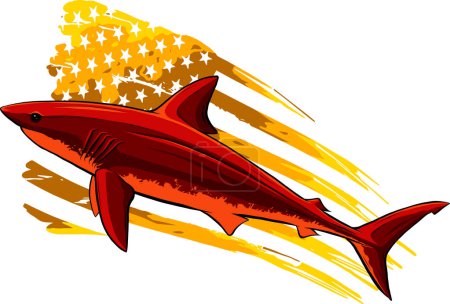 Ilustración de Bandera de EE.UU. sobre silueta vectorial de tiburón aislada en blanco. Depredador marino - Imagen libre de derechos