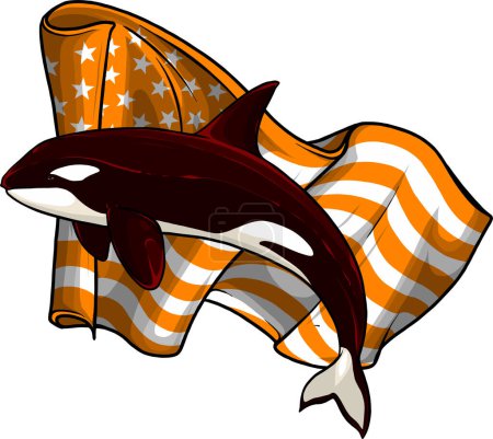 Téléchargez les illustrations : Killer Whale Spirit Orca Jumping avec drapeau américain vecteur - en licence libre de droit