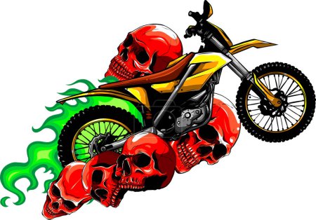 Téléchargez les illustrations : Crânes autour de moto motocross avec vecteur de flammes - en licence libre de droit