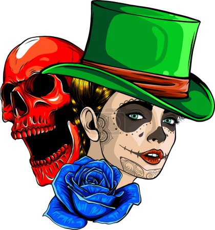 Ilustración de Mujer cráneo de azúcar con sombrero y rosa vector diseño de ilustración - Imagen libre de derechos