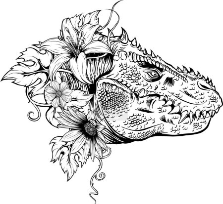 Téléchargez les illustrations : Illustration vectorielle dans le style BD du milieu du siècle - contour tête de dinosaure sur fond blanc isolé - en licence libre de droit