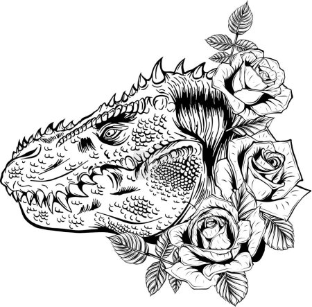 Ilustración de Ilustración vectorial en el estilo de cómics de mediados del siglo - contorno de cabeza de dinosaurio rawring sobre fondo blanco aislado - Imagen libre de derechos