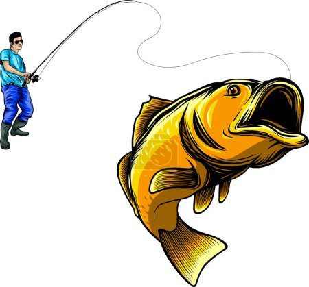 Téléchargez les illustrations : Étiquette de pêche avec un brochet et un pêcheur dans un bateau. vecteur - en licence libre de droit