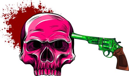 Ilustración de Calavera con pistola y sangre sobre fondo blanco - Imagen libre de derechos