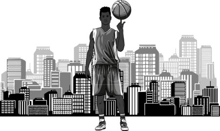Illustration for Illustration of Basket player on city in background - Royalty Free Image