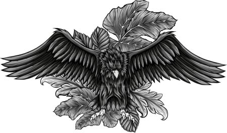 Téléchargez les illustrations : Illustration d'aigle avec des feuilles sur fond blanc - en licence libre de droit