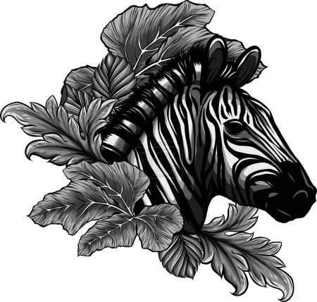 Téléchargez les illustrations : Illustration de la tête de zèbre avec des feuilles - en licence libre de droit