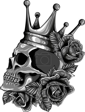 illustration of skulls crown and red roses