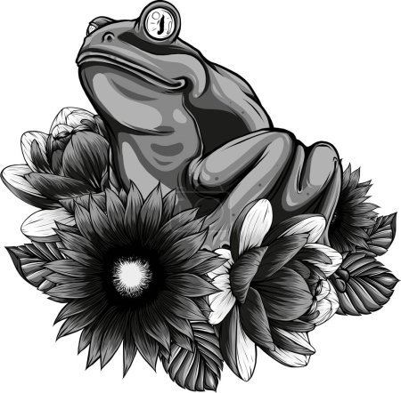 Téléchargez les illustrations : Grenouille aux yeux assis sur une feuille de fleur de nénuphar Illustration - en licence libre de droit
