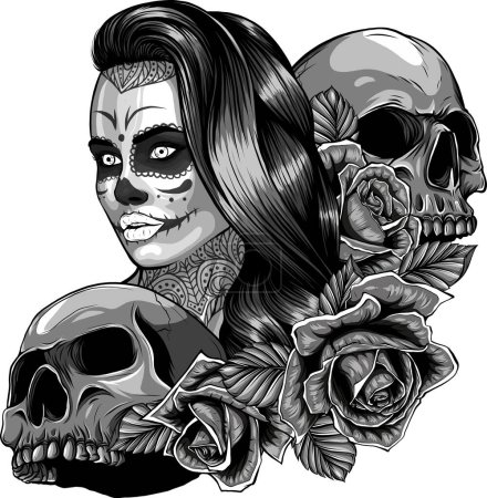 Illustration for Illustration of Dead girl with two skulls. - Royalty Free Image