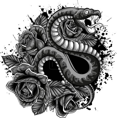 Téléchargez les illustrations : Illustration de serpent avec des roses et des feuilles - en licence libre de droit
