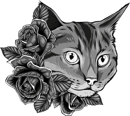 Téléchargez les illustrations : Illustration de tête de chat avec des roses - en licence libre de droit