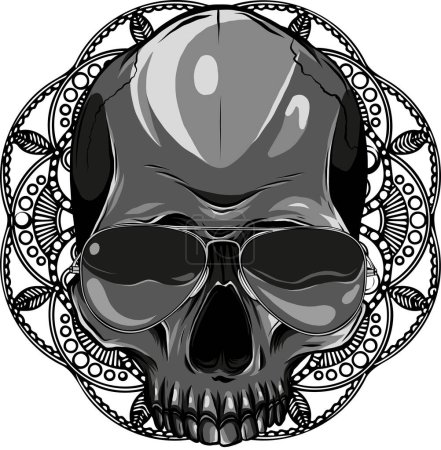 Illustration for Illustration of skull with sunglasses and mandala on background - Royalty Free Image