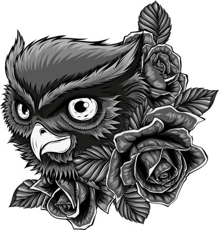 Téléchargez les illustrations : Illustration de tête de hibou avec des fleurs roses - en licence libre de droit