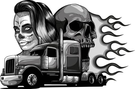 Téléchargez les illustrations : Camion américain avec crânes autour de l'illustration vectorielle onh fond blanc. dessin numérique à la main - en licence libre de droit